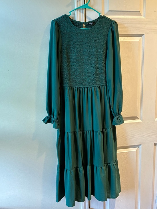 Dresses & Skirts - Smocked Bodice Long Sleeve Teal Tiered Midi Dress